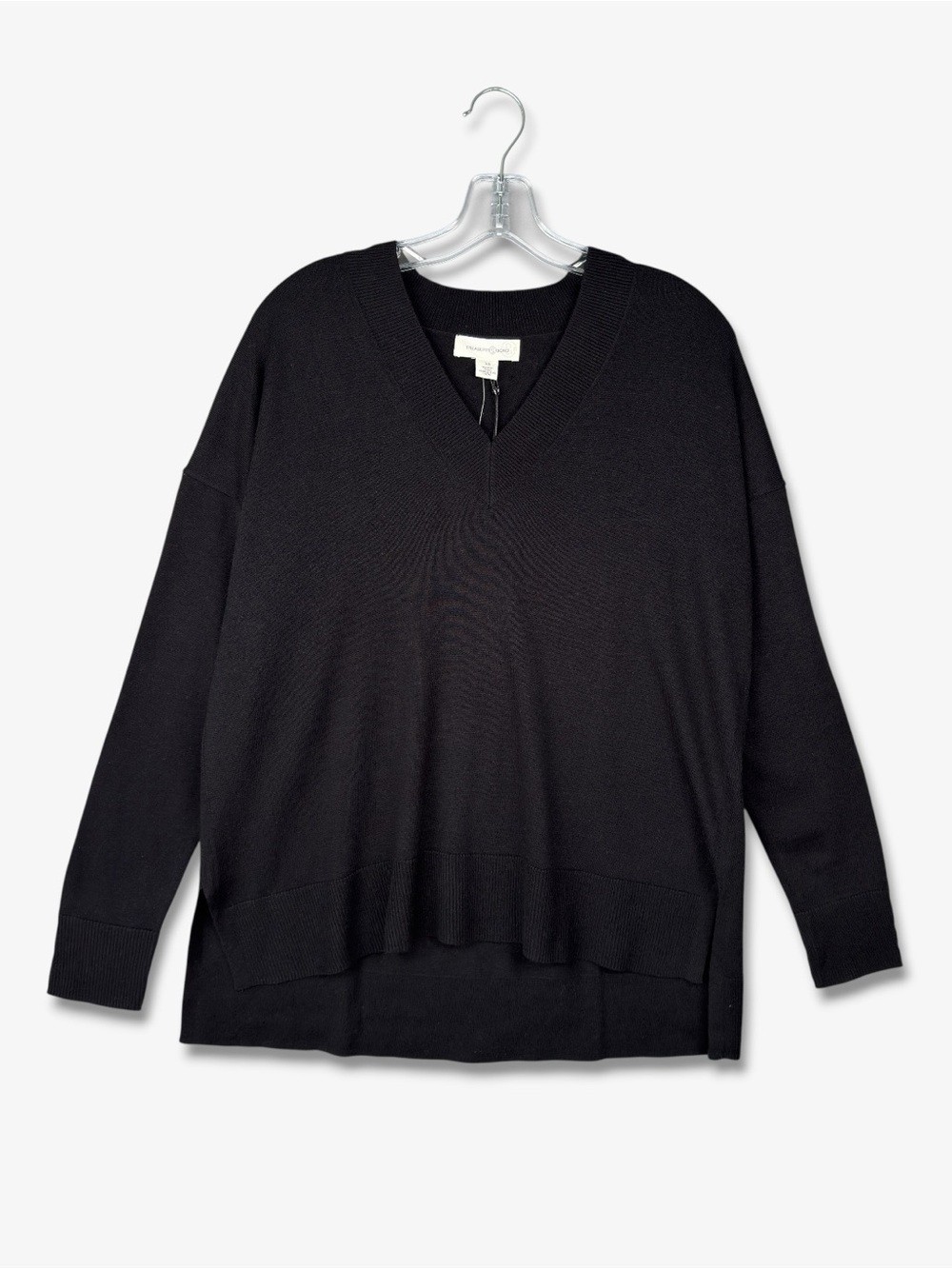 Treasure & Bond V Neck Sweater Relaxed High Low Drop Shoulder Black XS